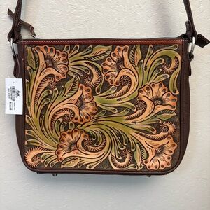 SVK leather Colored Floral Design Tooled Embossed Leather Shoulder Bag, Conseal